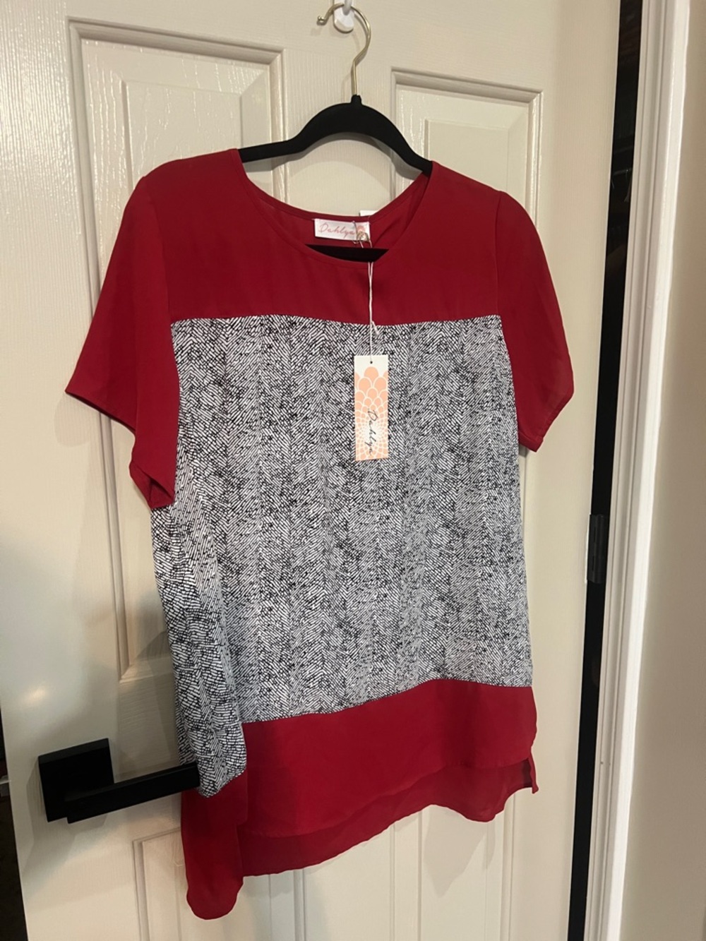 Red and Black-Print Short Sleeve Women’s Blouse